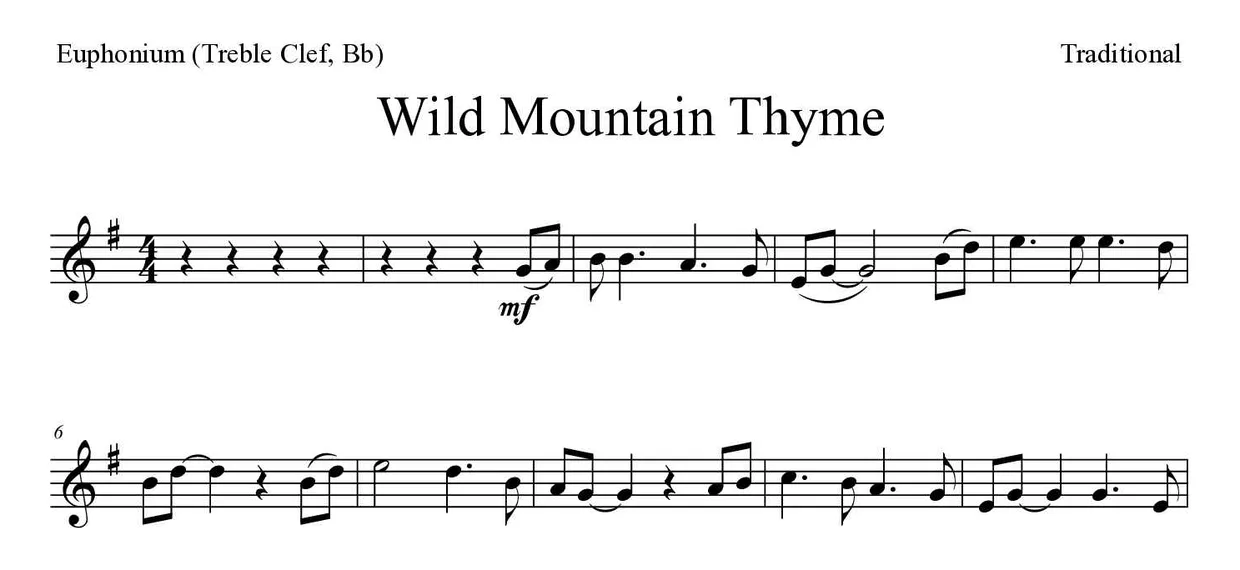 Partition de Wild Mountain Thyme pour euphonium (clé de sol, si bémol), premières lignes