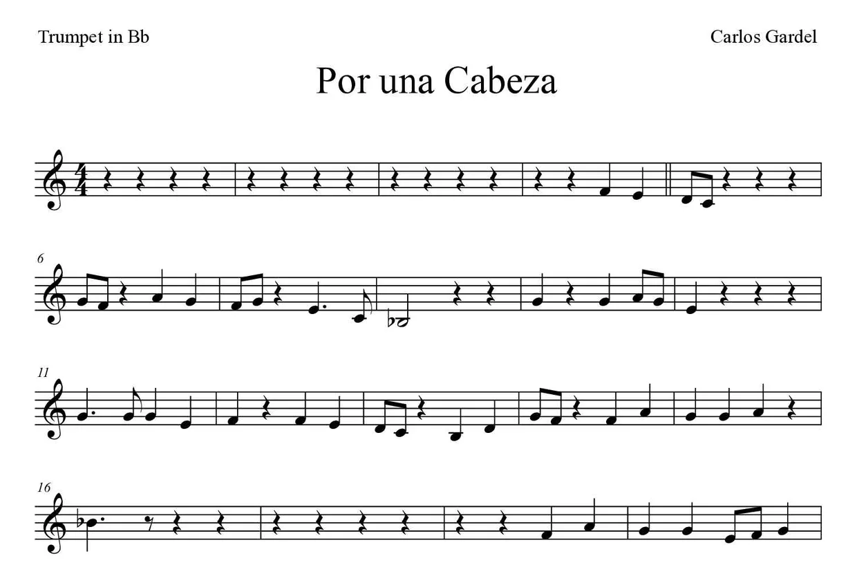 Partitura de Por una Cabeza para trompete em Sib, primeiras linhas
