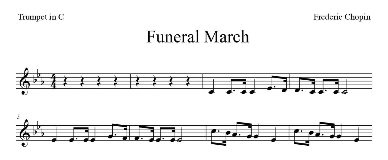Partitura de Funeral March para trompete em Do, primeiras linhas
