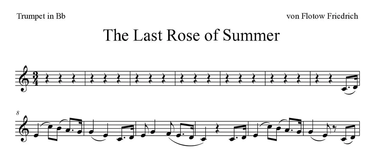 Partitura de The Last Rose of Summer para trompete em Sib, primeiras linhas