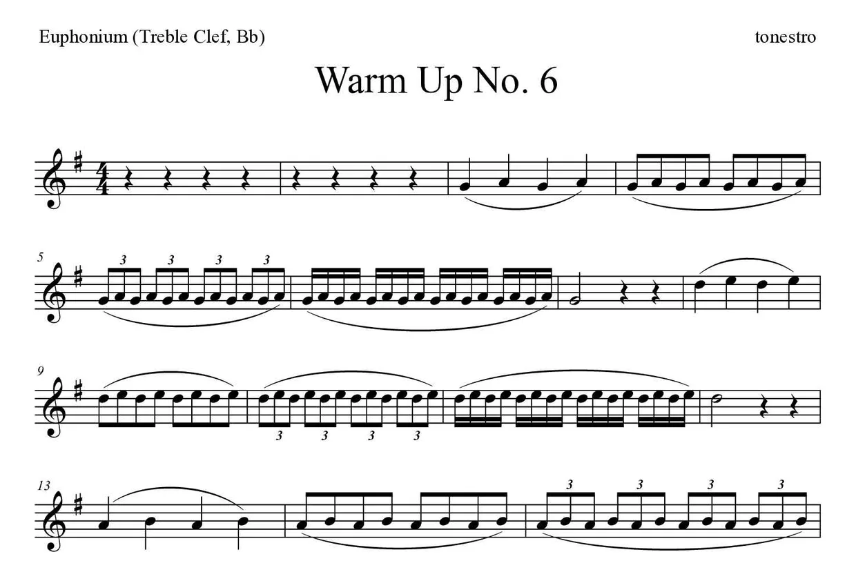 Bladmuziek van Warm Up No. 6 voor euphonium (treble clef, Bb), eerste regels