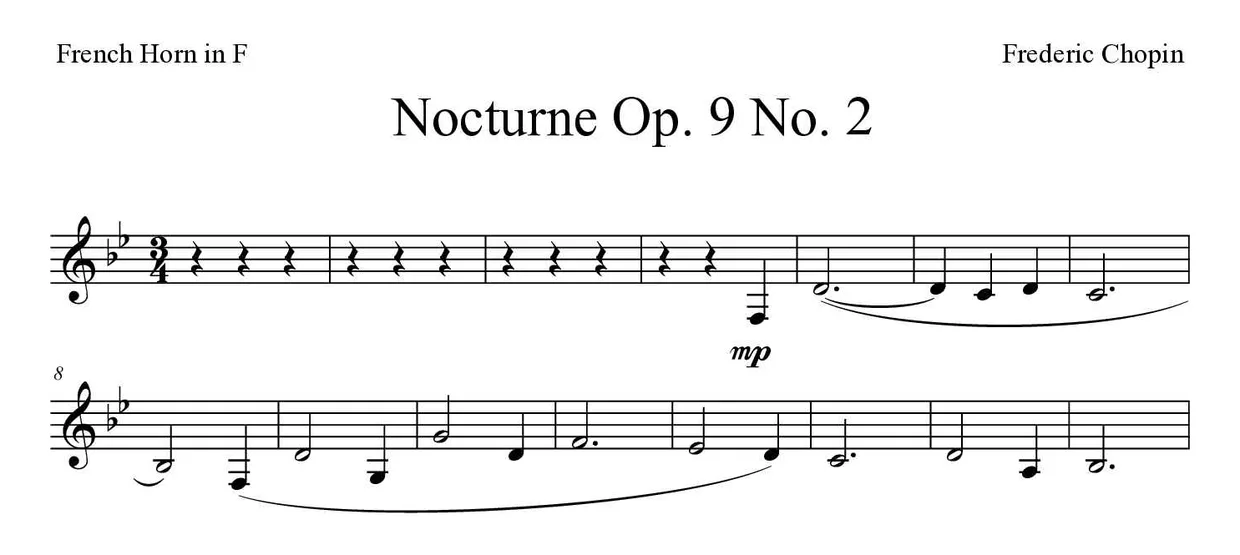Partition de Nocturne Op. 9 No. 2 pour cor d'harmonie, premières lignes