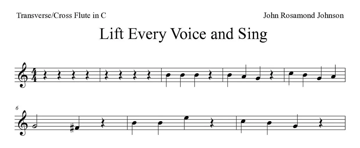 Partitura de Lift Every Voice and Sing para flauta traversa, primeras líneas