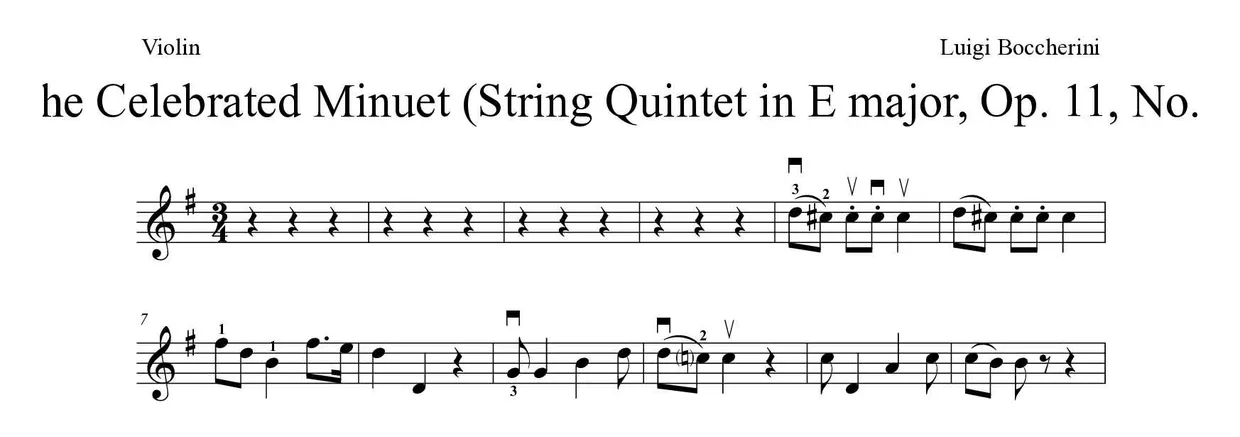 「The Celebrated Minuet (String Quintet in E major, Op. 11, No. 5)」Violin用楽譜の最初の数段