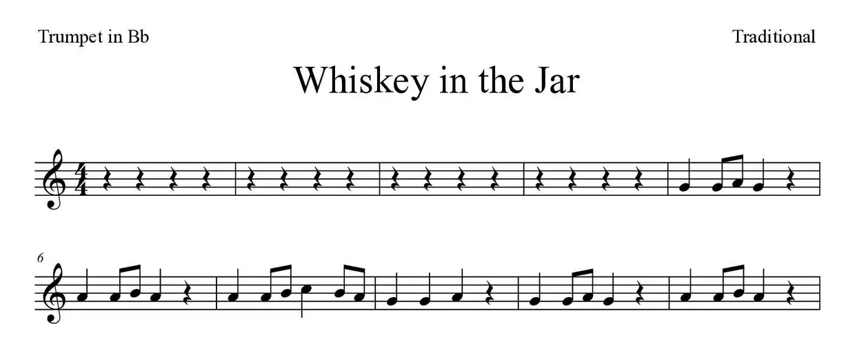 Partitura de Whiskey in the Jar para trompete em Sib, primeiras linhas