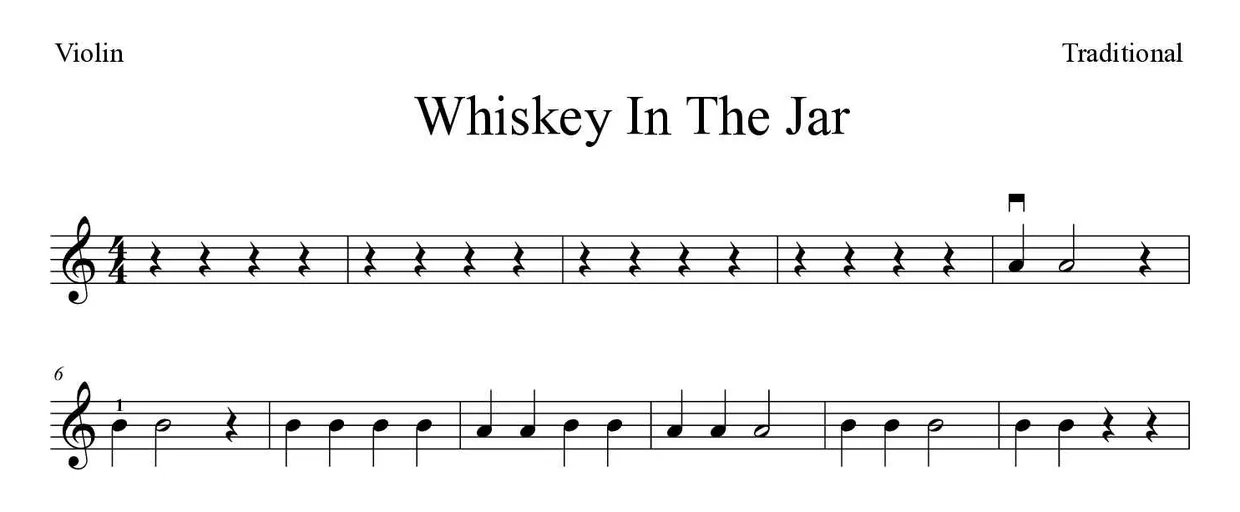 ‘Whiskey In The Jar’ Violin 악보의 첫 몇 줄