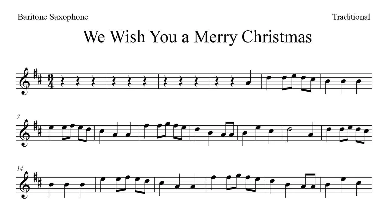 Noten von We Wish You a Merry Christmas für Baritonsaxophon (Mittel), erste Zeilen