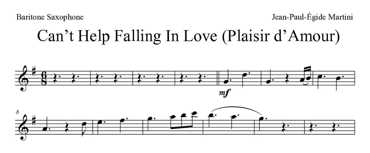 ‘Can’t Help Falling In Love (Plaisir d’Amour)’ Baritone Saxophone 악보의 첫 몇 줄
