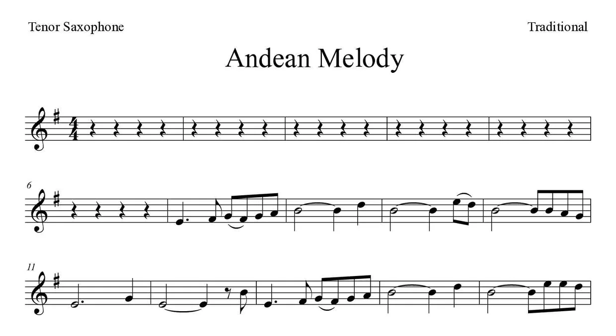 ‘Andean Melody’ Tenor Saxophone 악보의 첫 몇 줄