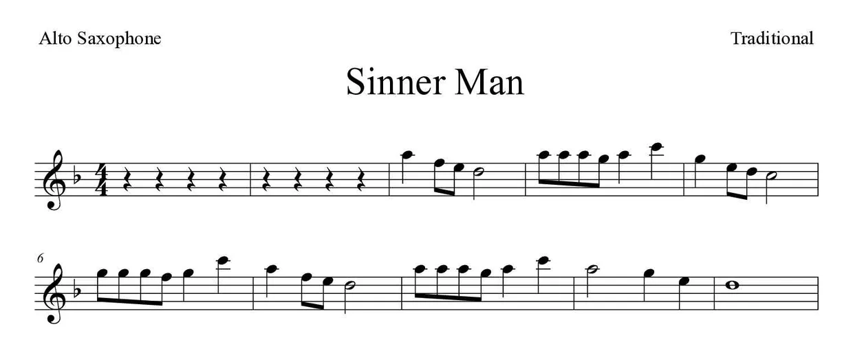 ‘Sinner Man’ Alto Saxophone 악보의 첫 몇 줄
