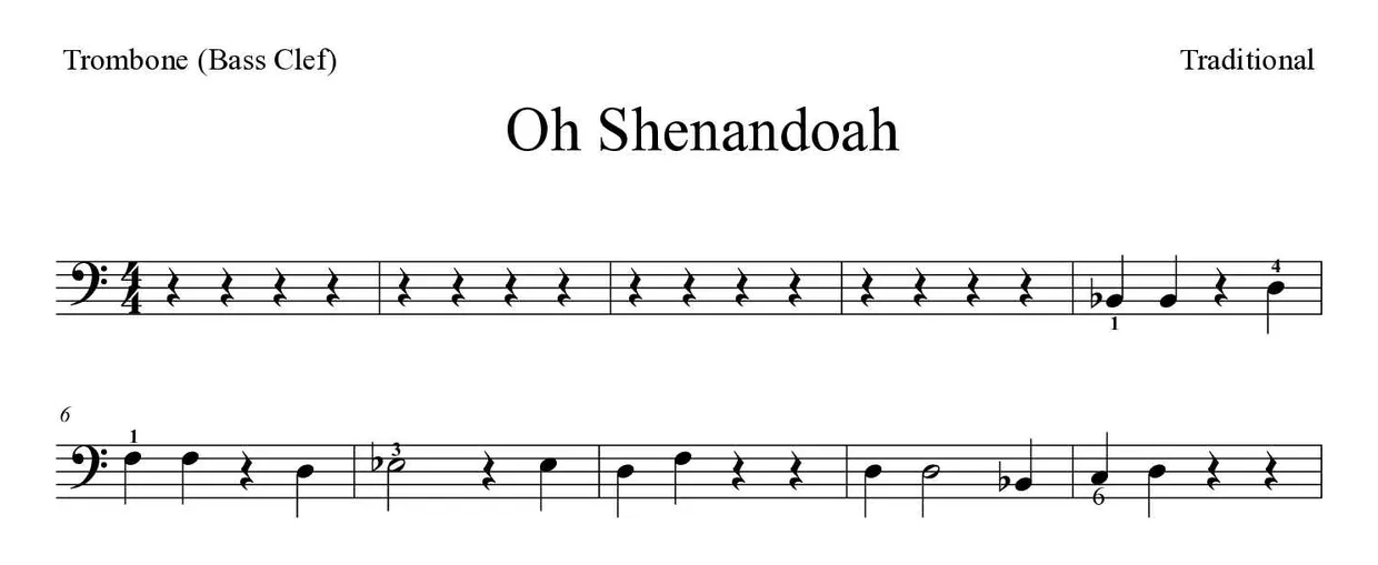 Partitura de Oh Shenandoah para trombone, primeiras linhas