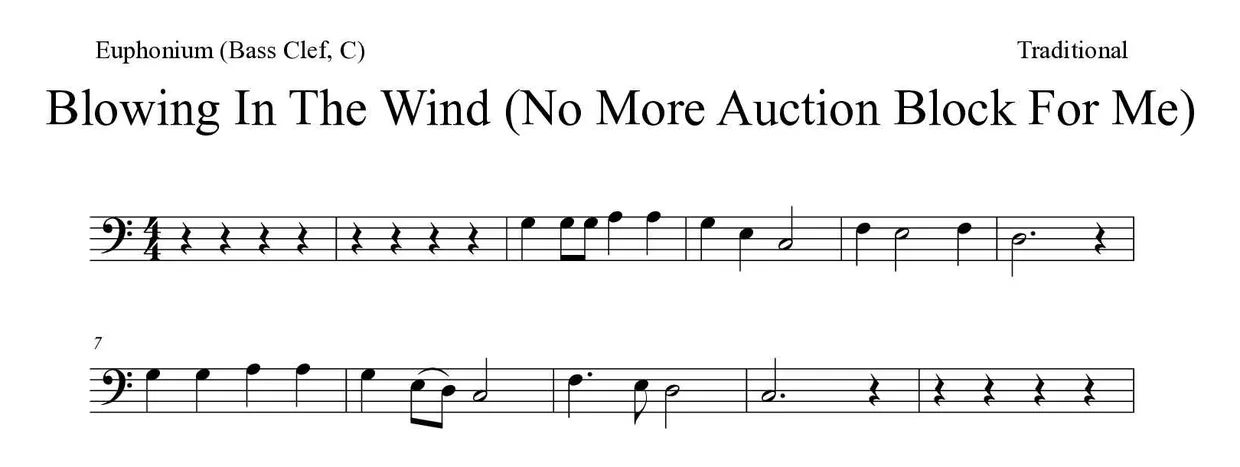 「Blowing In The Wind (No More Auction Block For Me)」Euphonium (Bass Clef, C)用楽譜の最初の数段