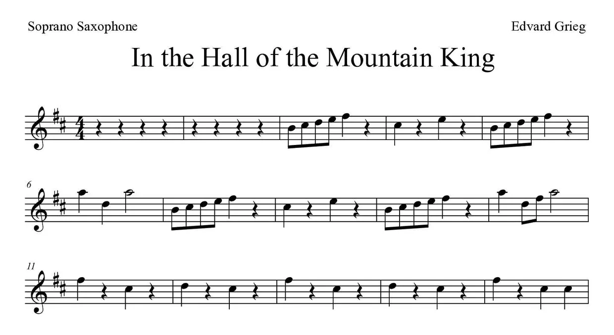 「In the Hall of the Mountain King」Soprano Saxophone用楽譜の最初の数段