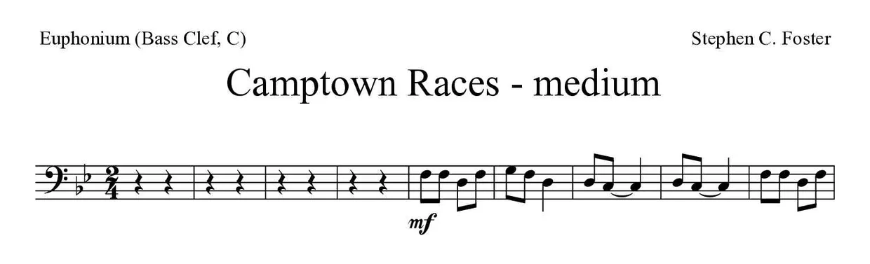 ‘Camptown Races - medium’ Euphonium (Bass Clef, C) 악보의 첫 몇 줄