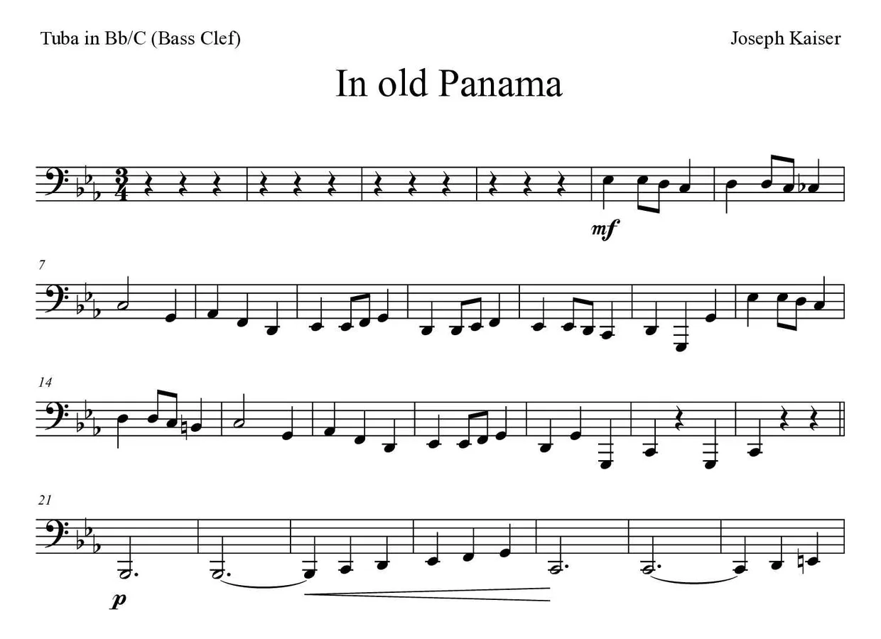 Partitura de In old Panama para tuba em Sib/Do (clave de Fa), primeiras linhas