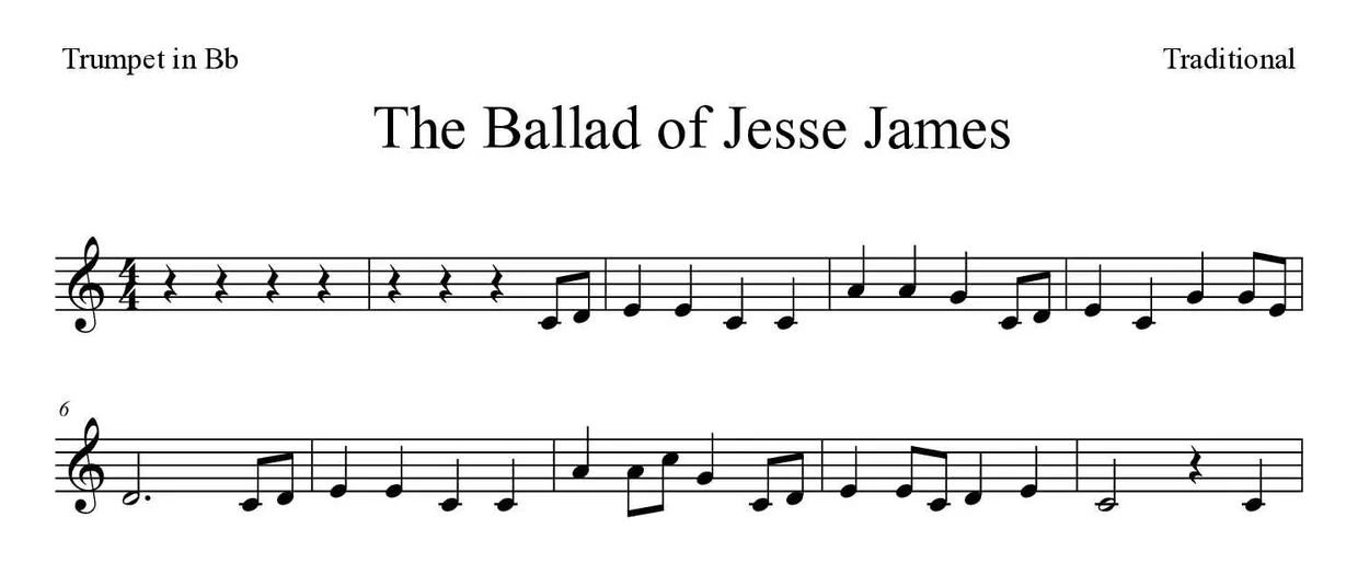 Sheet music of The Ballad of Jesse James for trumpet in Bb (Easy), first lines