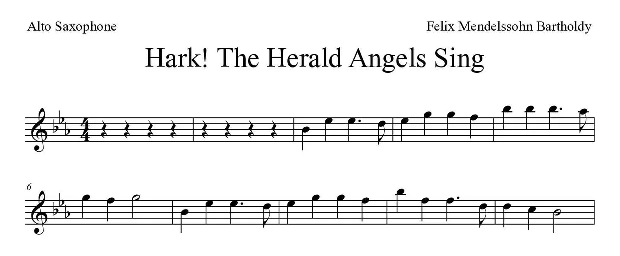 Partitura de Hark! The Herald Angels Sing para saxofón alto, primeras líneas