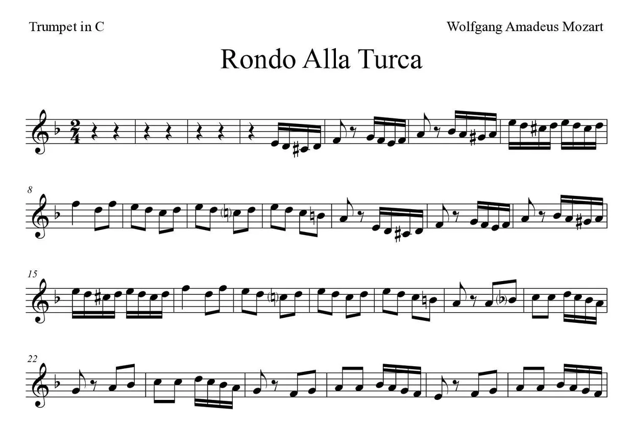 ‘Rondo Alla Turca’ Trumpet in C 악보의 첫 몇 줄