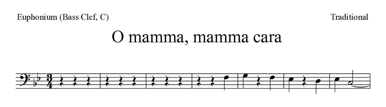 Partitura de O mamma, mamma cara para bombardino (clave de Fa, C), primeras líneas