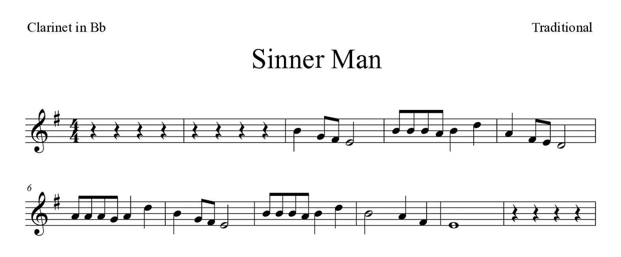 ‘Sinner Man’ Clarinet 악보의 첫 몇 줄