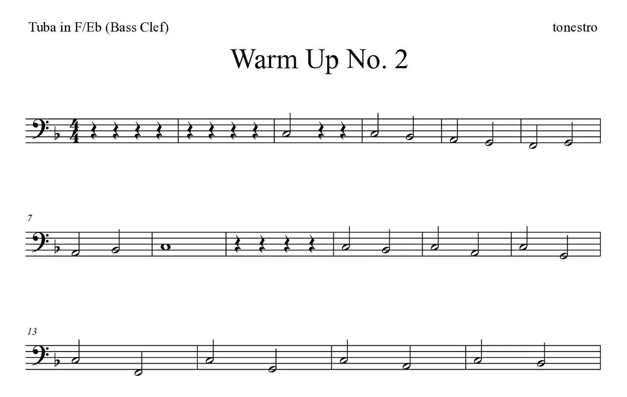 Sheet music of Warm Up No. 2 for tuba in F/Eb (bass clef) (Medium), first lines