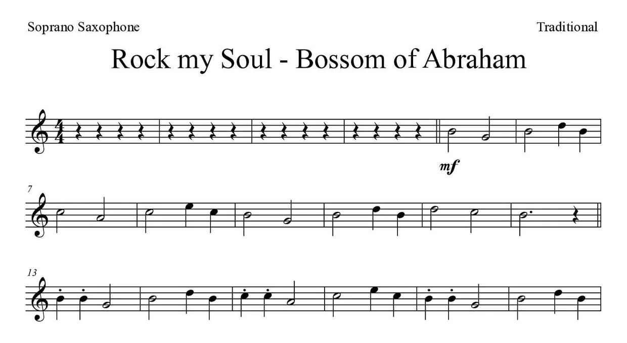 「Rock my Soul - Bossom of Abraham」Soprano Saxophone用楽譜の最初の数段