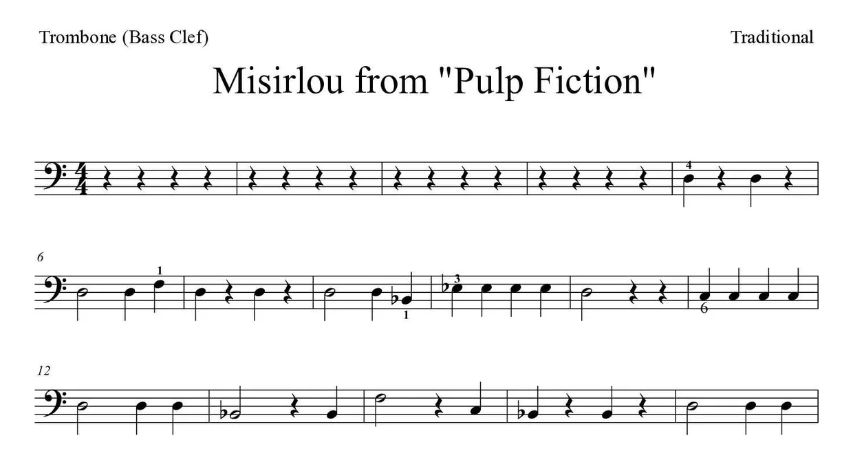 「Misirlou from "Pulp Fiction"」Trombone用楽譜の最初の数段
