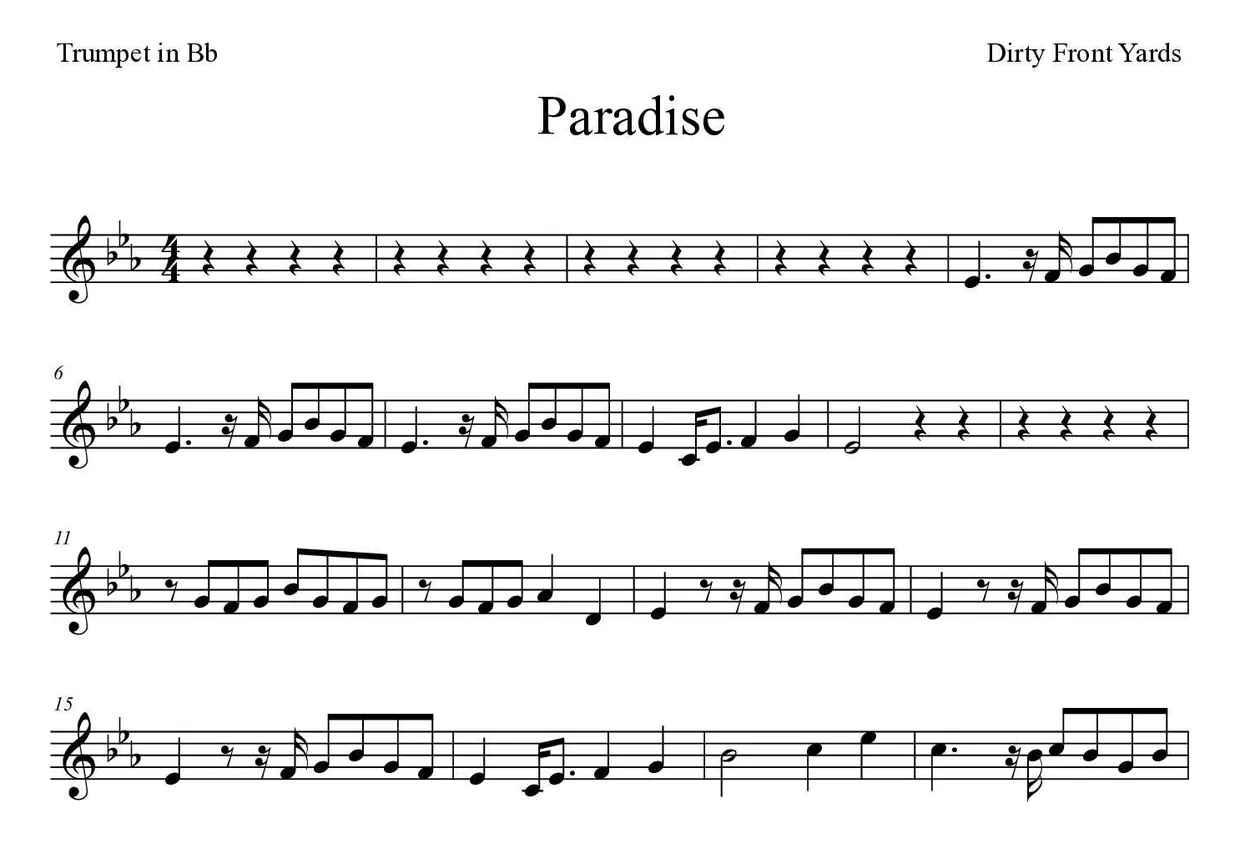 Sheet music of Paradise for trumpet in Bb (Hard), first lines