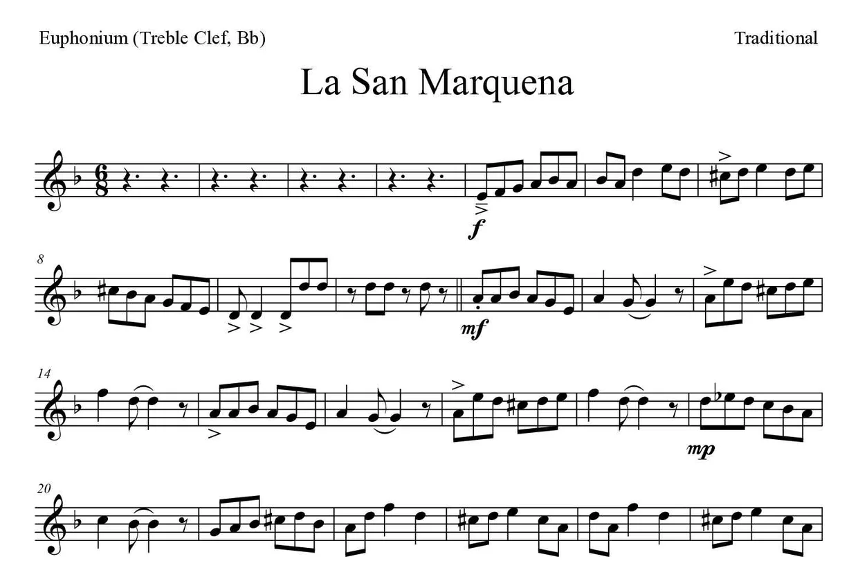 ‘La San Marquena’ Euphonium (Treble Clef, Bb) 악보의 첫 몇 줄