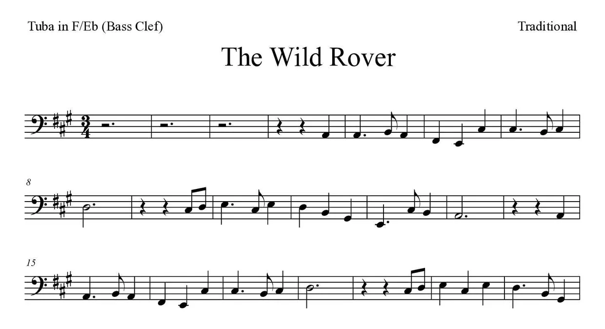 Spartito di The Wild Rover per tuba in F/Eb (bass clef), prime righe