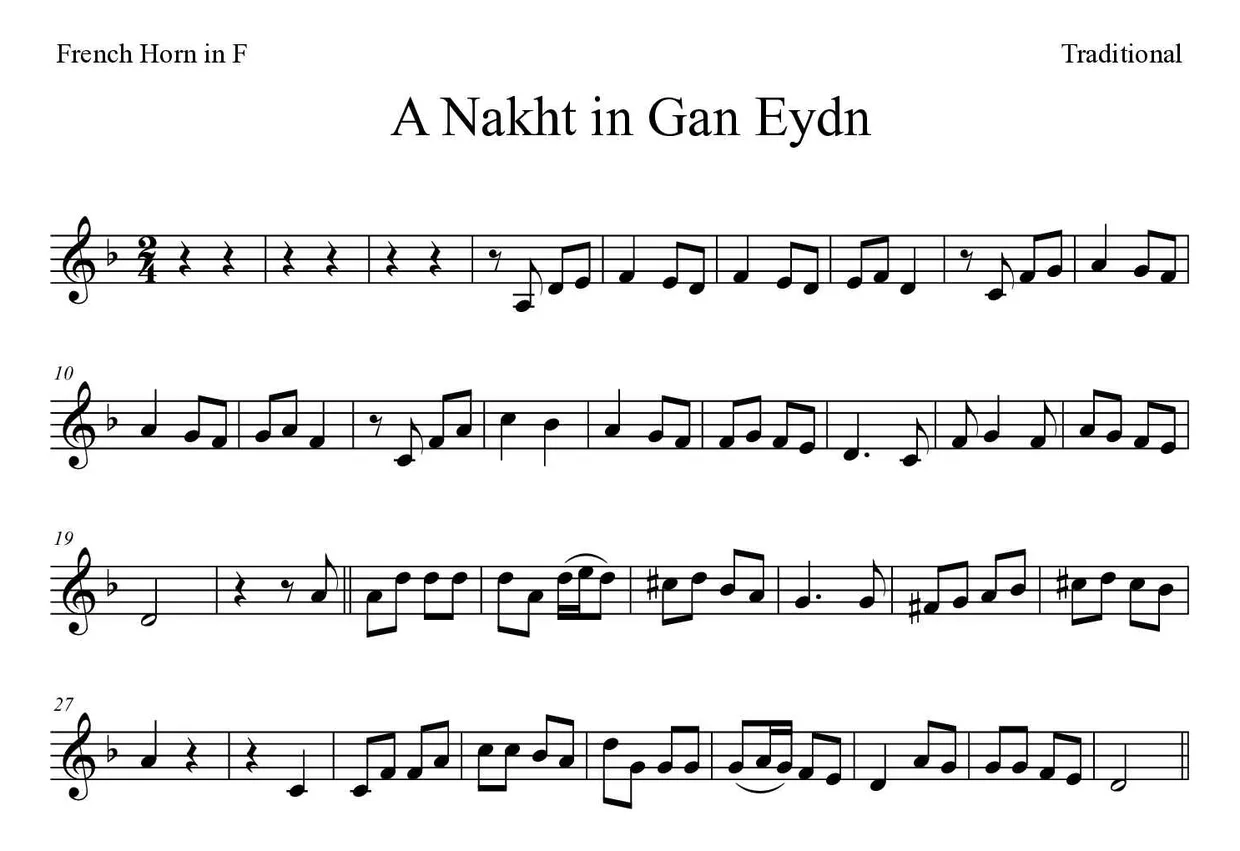 Partitura de A Nakht in Gan Eydn para trompa, primeiras linhas