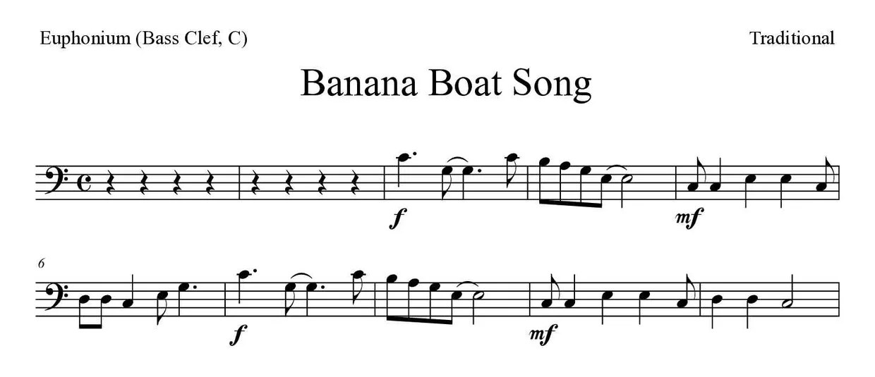 Partitura de Banana Boat Song para bombardino (clave de Fa, C), primeras líneas