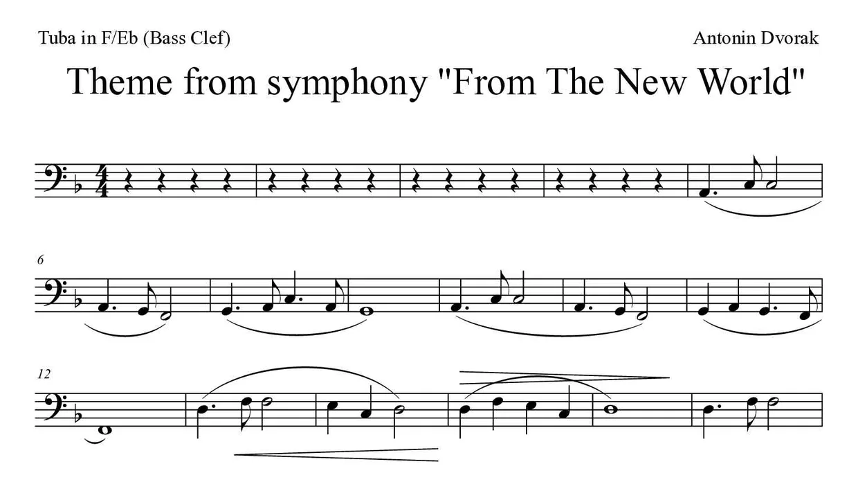 Partitura de Theme from symphony "From The New World" para tuba en Fa/Mib (clave de Fa), primeras líneas