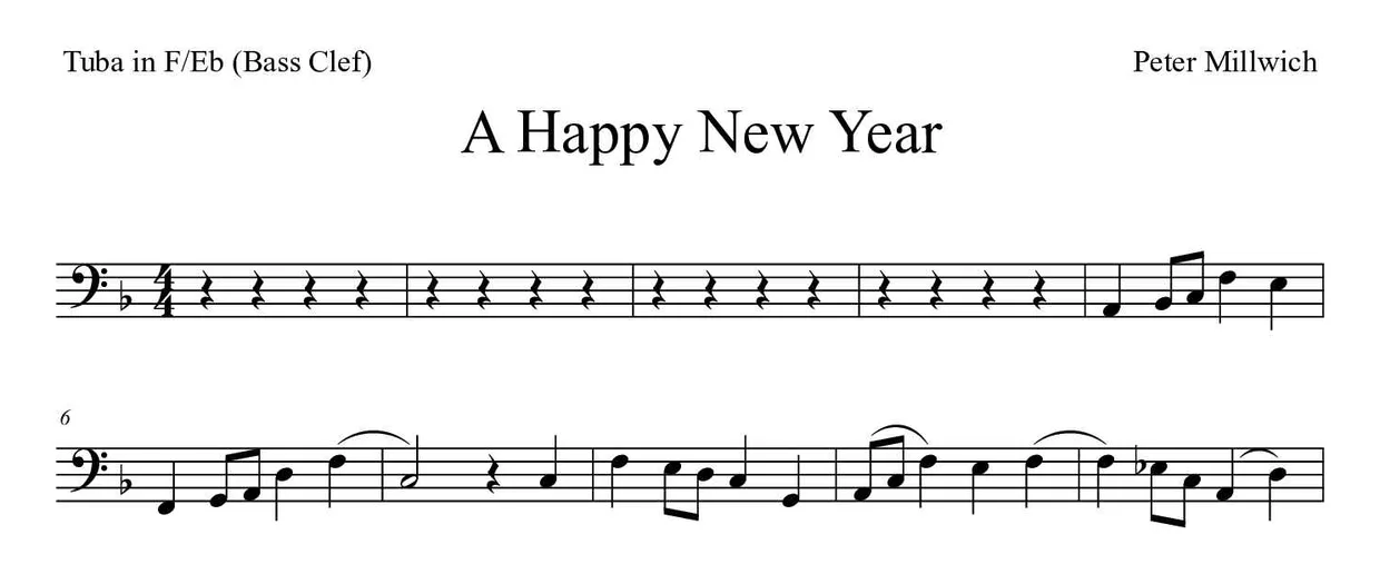 Partitura de A Happy New Year para tuba em Fá/Mib (clave de Fa), primeiras linhas