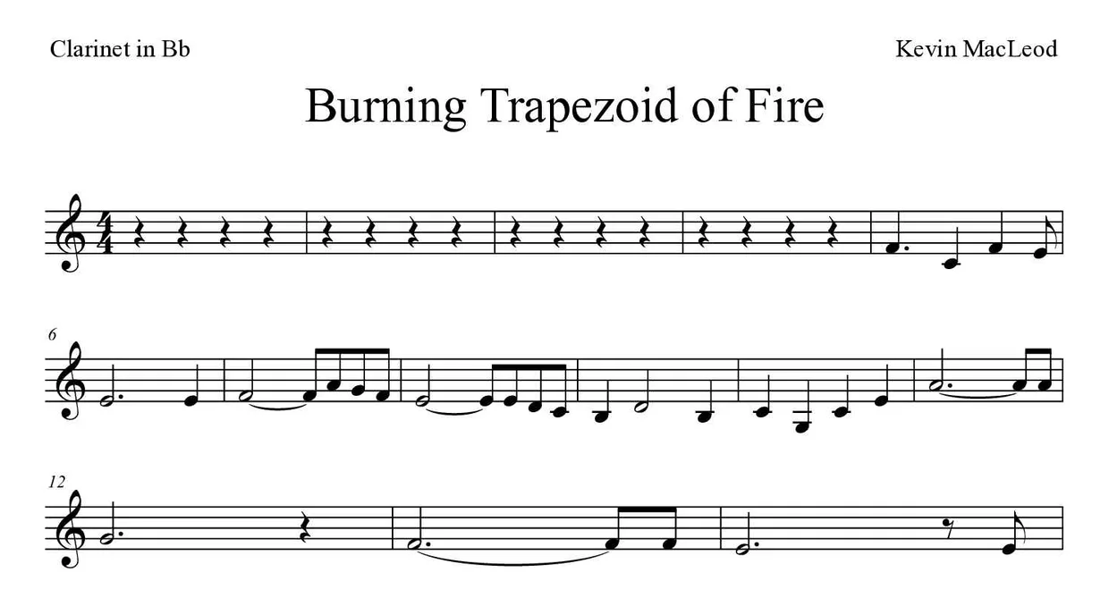 「Burning Trapezoid of Fire」Clarinet用楽譜の最初の数段