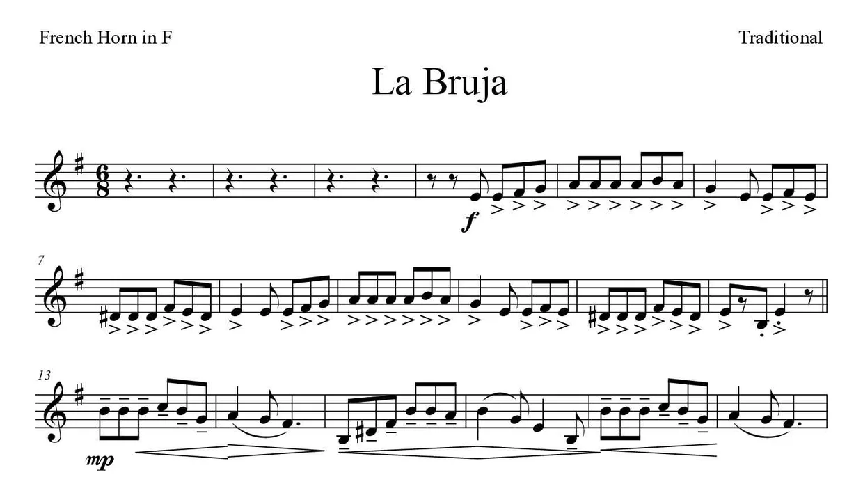 Partition de La Bruja pour cor d'harmonie, premières lignes