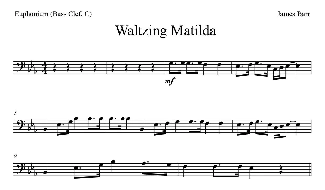 ‘Waltzing Matilda’ Euphonium (Bass Clef, C) 악보의 첫 몇 줄