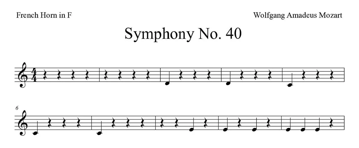 Partition de Symphony No. 40 pour cor d'harmonie, premières lignes