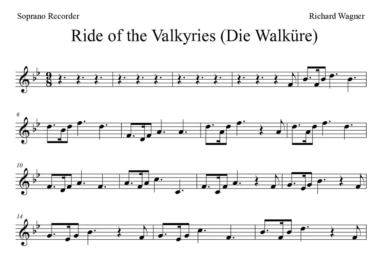 Bladmuziek van Ride of the Valkyries (Die Walküre) voor recorder, eerste regels