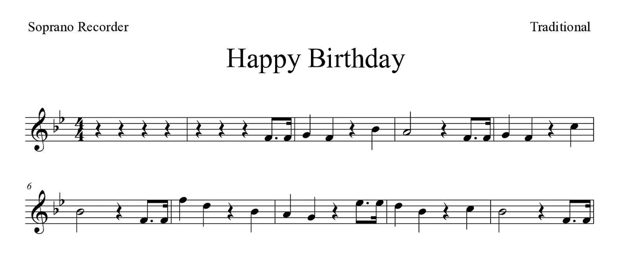 Bladmuziek van Happy Birthday voor recorder, eerste regels