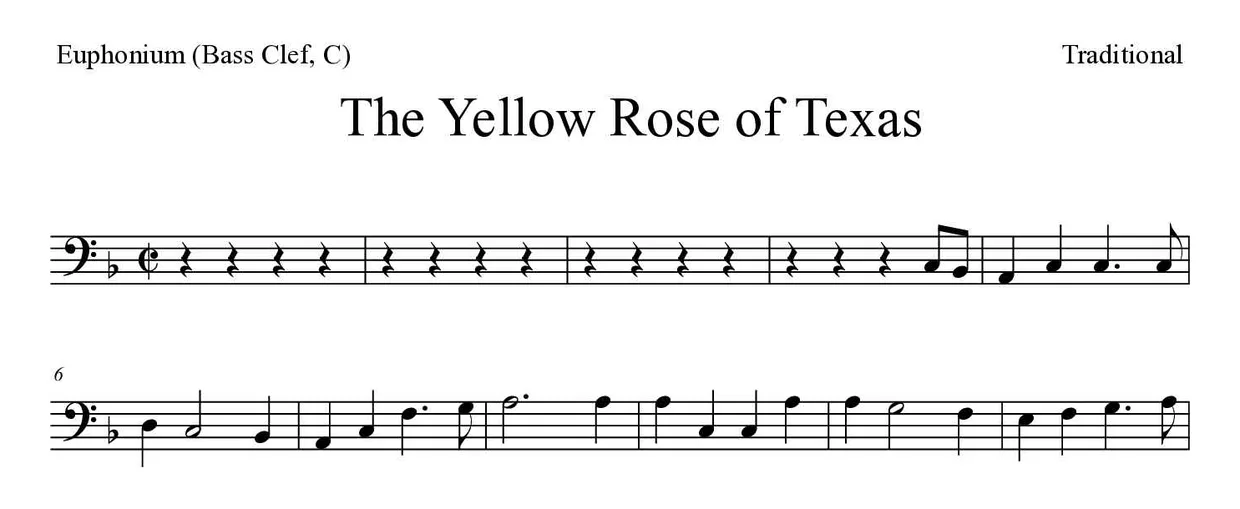 「The Yellow Rose of Texas」Euphonium (Bass Clef, C)用楽譜の最初の数段