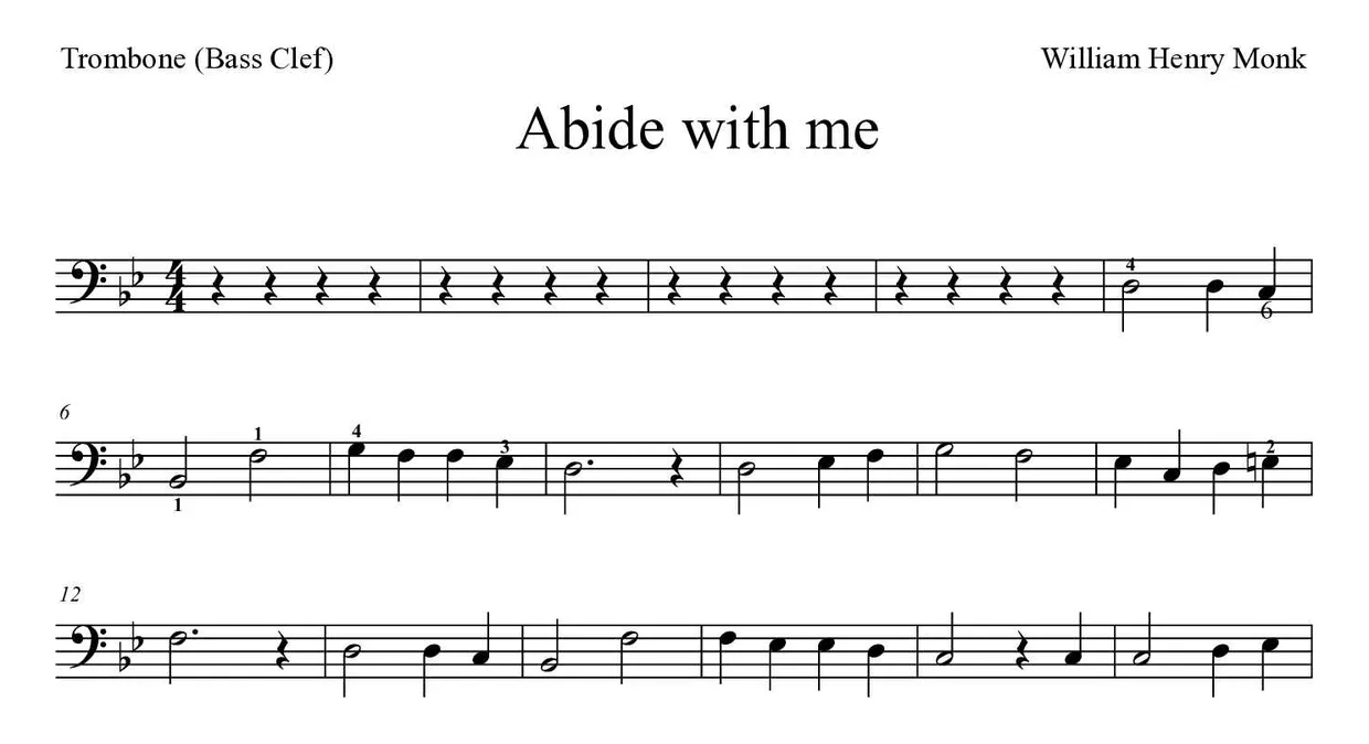 Sheet music of Abide with me for trombone (Medium), first lines