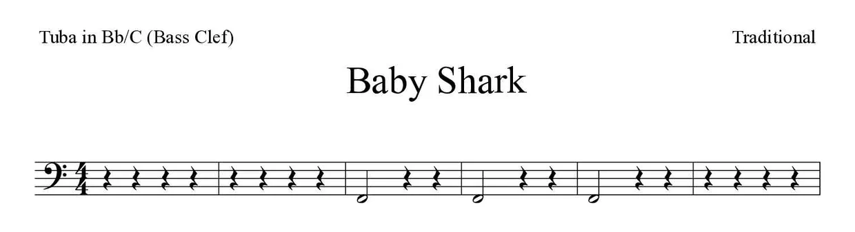 Sheet music of Baby Shark for tuba in Bb/C (bass clef) (Easy), first lines