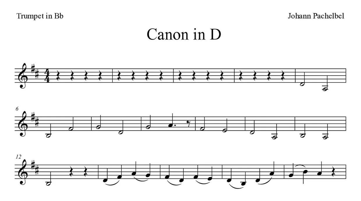 Sheet music of Canon in D for trumpet in Bb (Medium), first lines