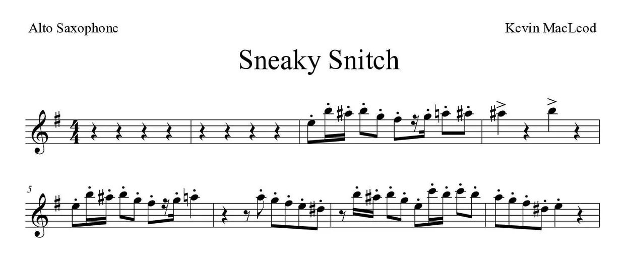 Sheet music of Sneaky Snitch for alto saxophone (Expert), first lines