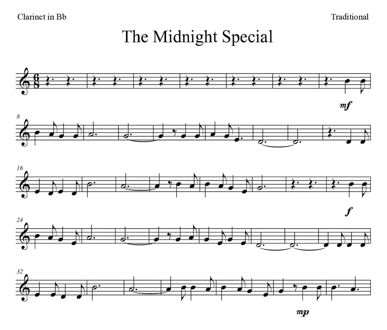 Partition de The Midnight Special pour clarinette, premières lignes