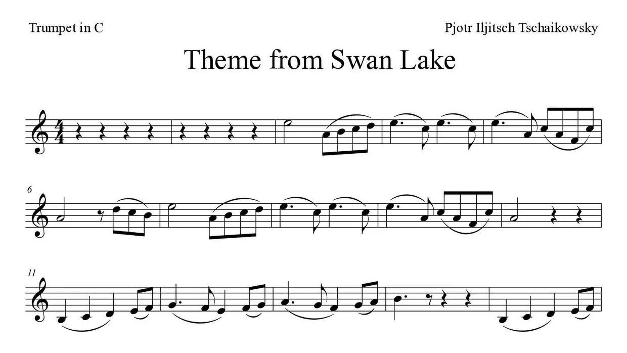 Partitura de Theme from Swan Lake para trompeta en Do, primeras líneas