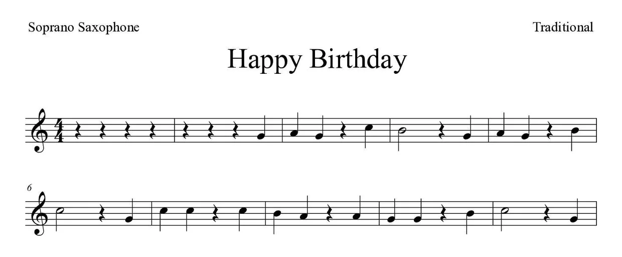 ‘Happy Birthday’ Soprano Saxophone 악보의 첫 몇 줄