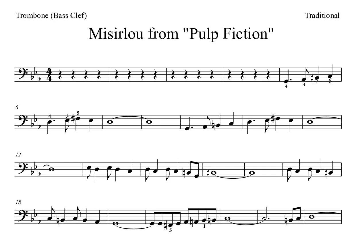 「Misirlou from "Pulp Fiction"」Trombone用楽譜の最初の数段