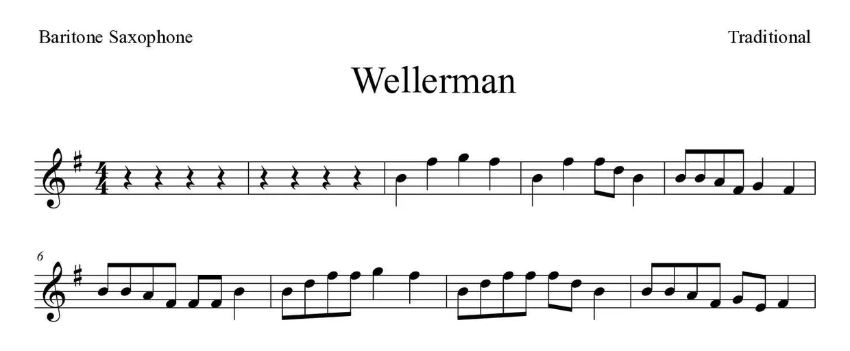 Noten von Wellerman für Baritonsaxophon (Einfach), erste Zeilen